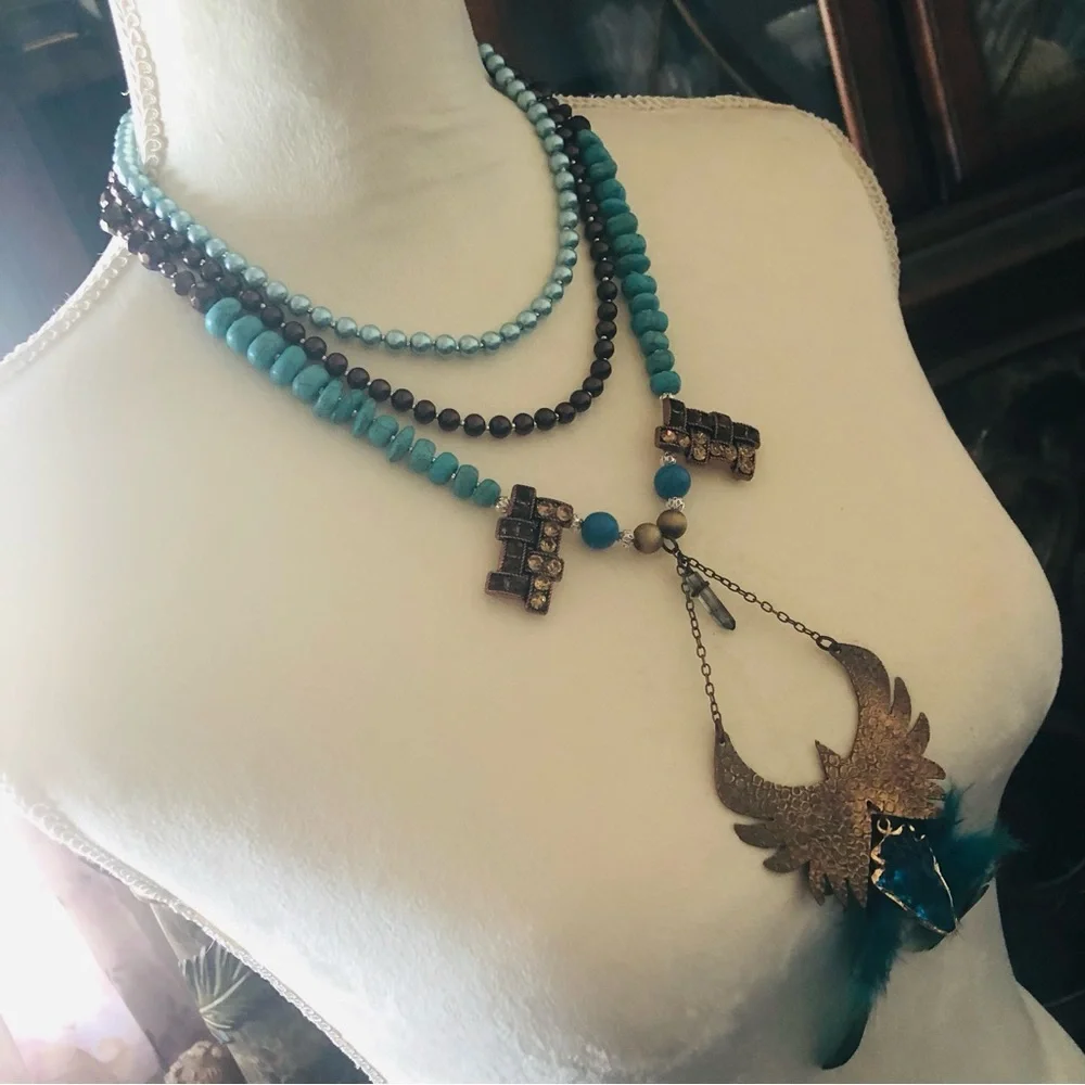 Handcrafted copper eagle Czech Pearl howlite stone clasp necklace